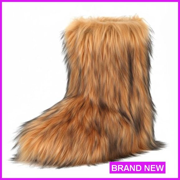 Faux Fur Snow Boots Mid-Calf Winter Warm Fuzzy Fluffy Comfortable Outdoor Shoes - Picture 3 of 7